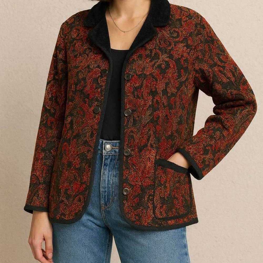 Vtg Black Reversible Tapestry Whimsigoth Dark Fairy Brocade Blazer Boho L